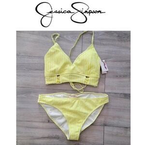 NWT!! JESSICA SIMPSON TEXTURED NEON YELLOW/WHITE STRIPE BIKINI SET sz XLARGE